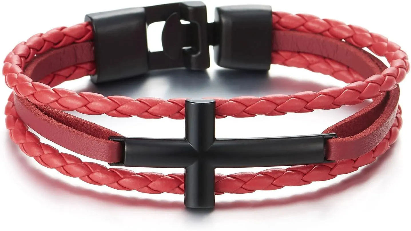 COOLSTEELANDBEYOND Black Horizontal Sideway Lateral Cross Brown Braided Leather Bangle Bracelet for Men Women Wristband