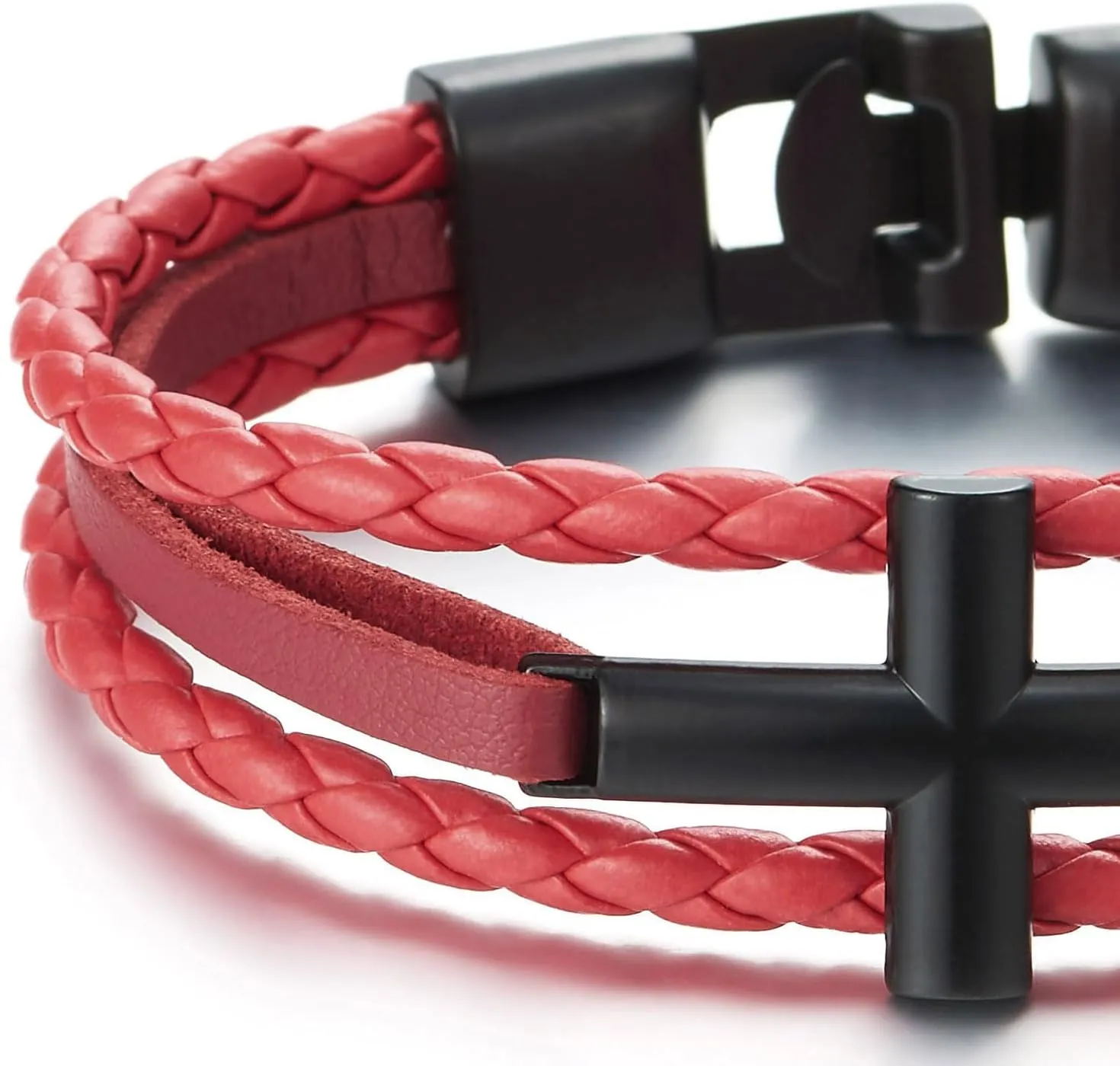 COOLSTEELANDBEYOND Black Horizontal Sideway Lateral Cross Brown Braided Leather Bangle Bracelet for Men Women Wristband