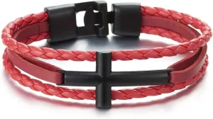 COOLSTEELANDBEYOND Black Horizontal Sideway Lateral Cross Brown Braided Leather Bangle Bracelet for Men Women Wristband