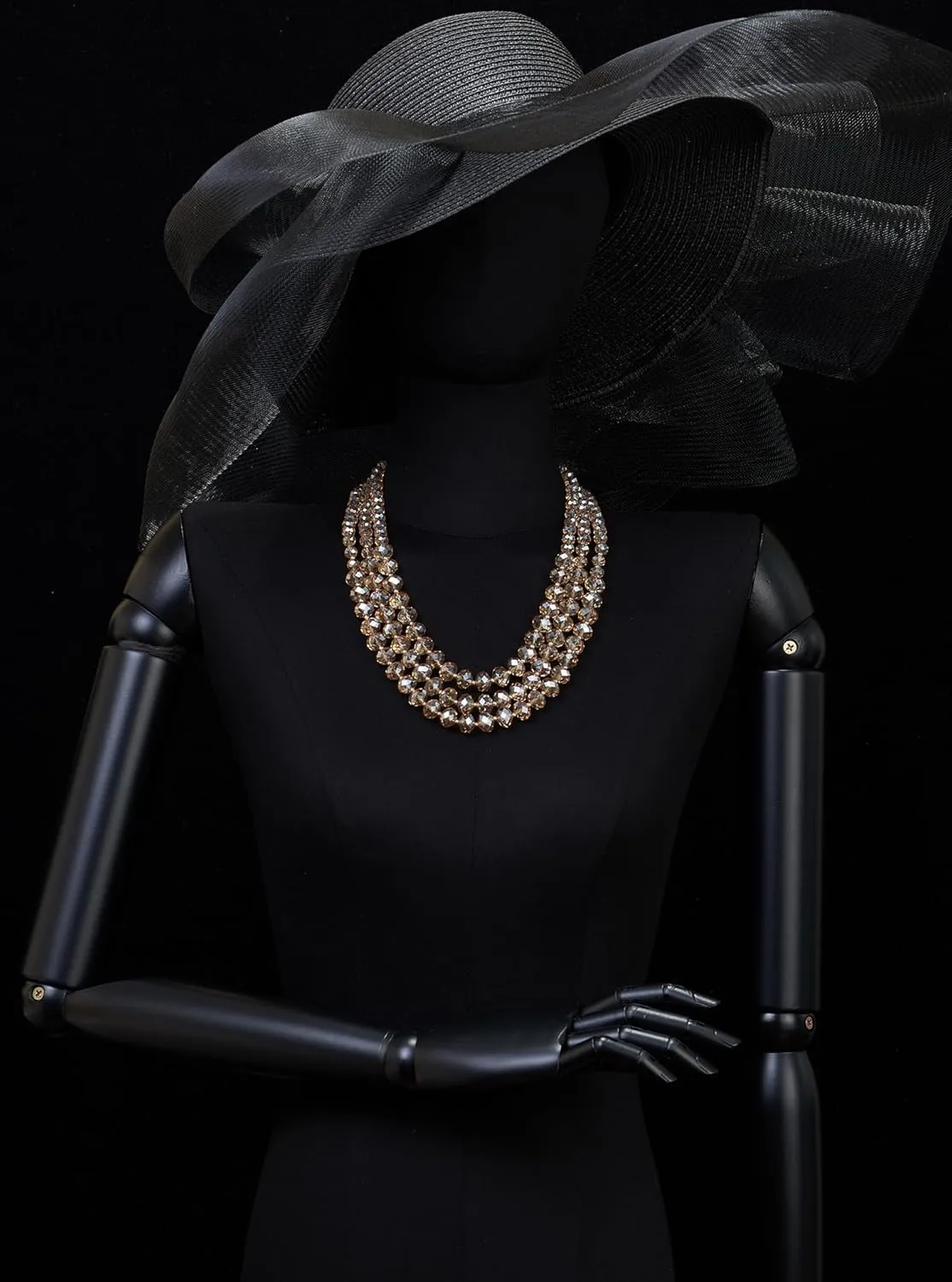 COOLSTEELANDBEYOND Crystal Beads Statement Necklace, Three-strand Layered Necklace, Waterfall