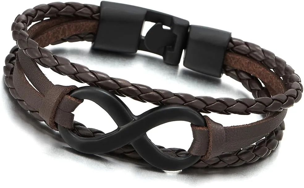 COOLSTEELANDBEYOND Infinity Love Number 8 Leather Bangle Bracelet for Men Women Three-Row Wristband