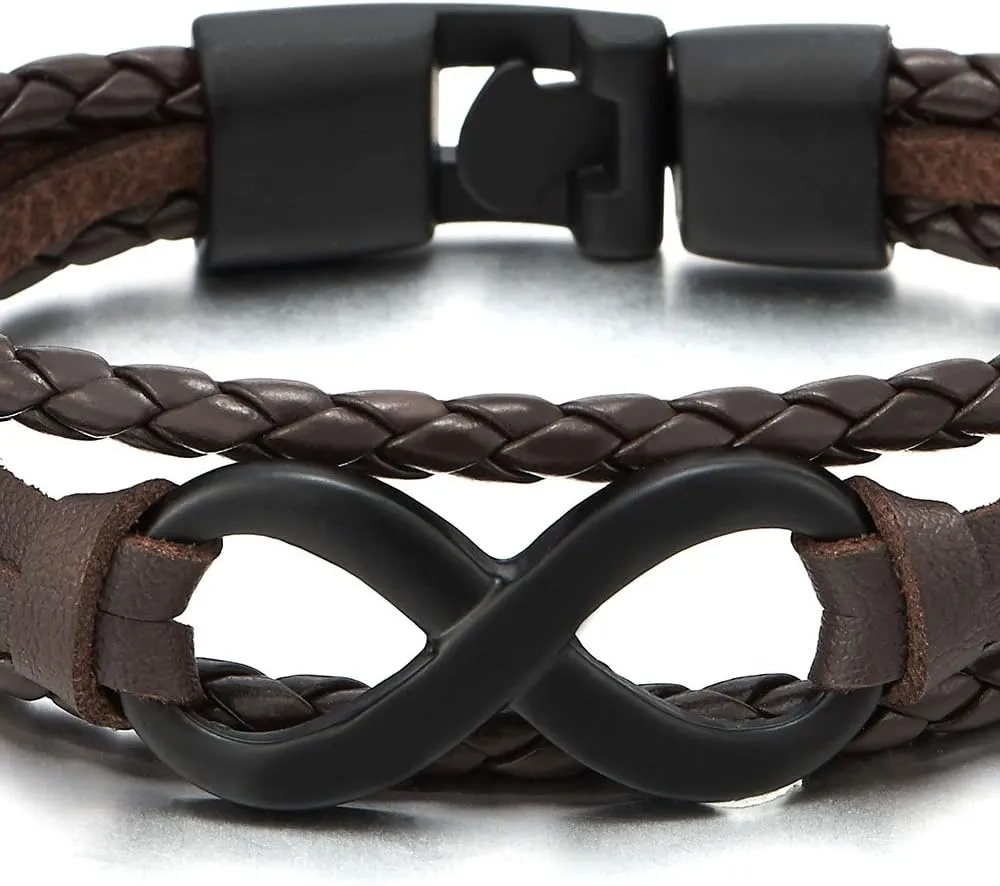 COOLSTEELANDBEYOND Infinity Love Number 8 Leather Bangle Bracelet for Men Women Three-Row Wristband