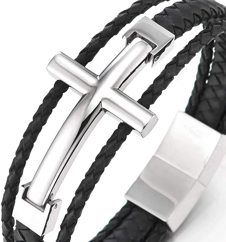 COOLSTEELANDBEYOND Men Stainless Steel Horizontal Sideway Lateral Cross Three-Row Braided Leather Bangle Bracelet