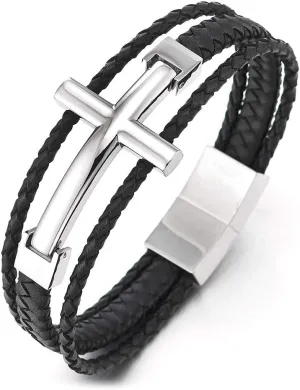 COOLSTEELANDBEYOND Men Stainless Steel Horizontal Sideway Lateral Cross Three-Row Braided Leather Bangle Bracelet