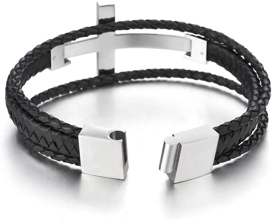 COOLSTEELANDBEYOND Men Stainless Steel Horizontal Sideway Lateral Cross Three-Row Braided Leather Bangle Bracelet
