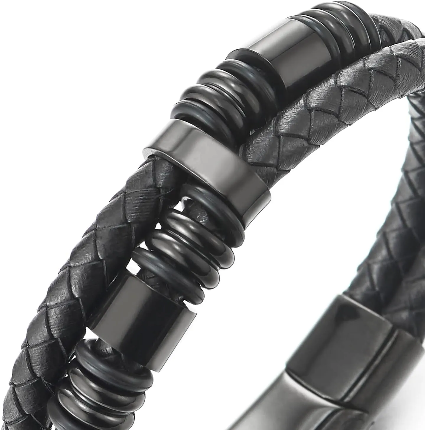 COOLSTEELANDBEYOND Mens Double-Row Braided Leather Bracelet Bangle Wristband, Steel Ornaments