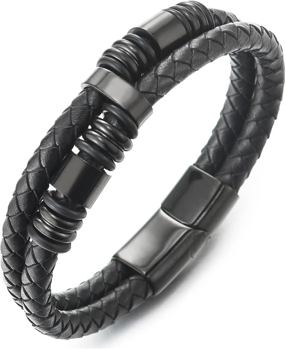 COOLSTEELANDBEYOND Mens Double-Row Braided Leather Bracelet Bangle Wristband, Steel Ornaments