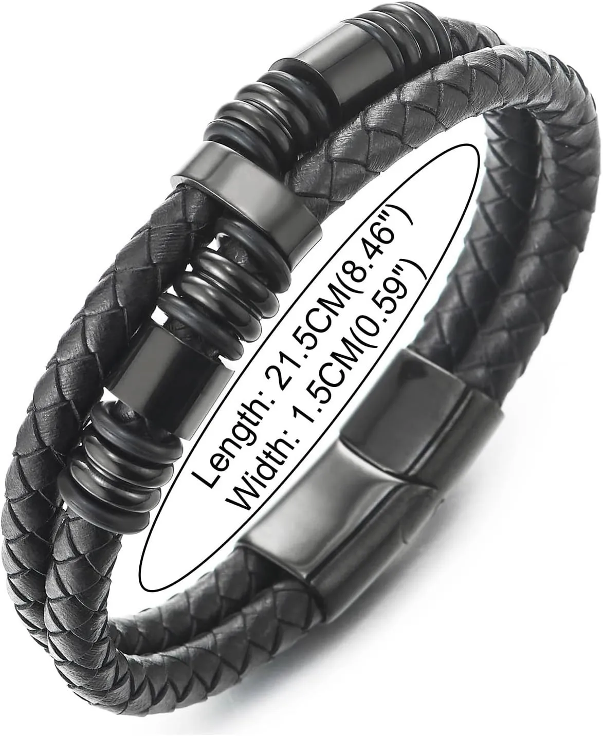 COOLSTEELANDBEYOND Mens Double-Row Braided Leather Bracelet Bangle Wristband, Steel Ornaments