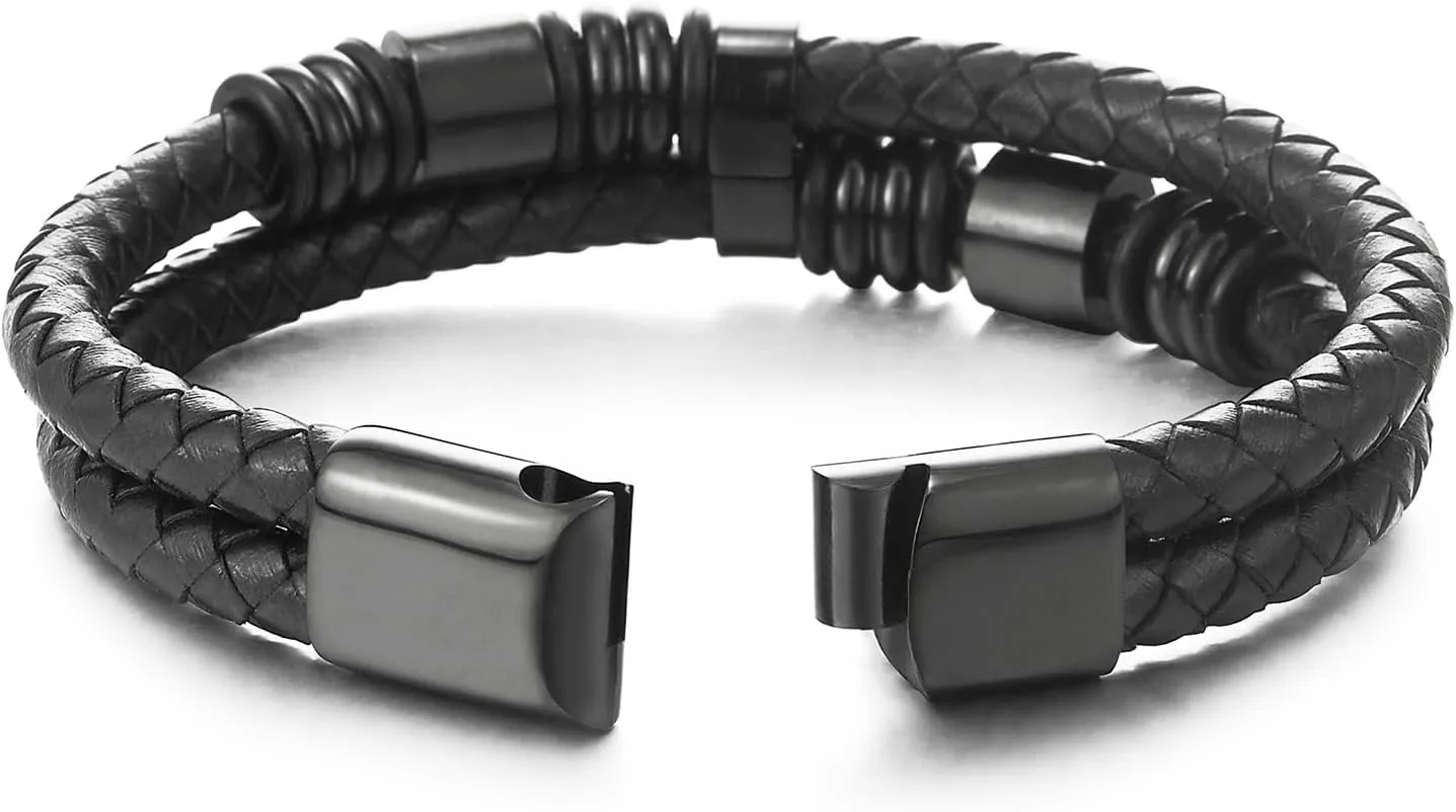 COOLSTEELANDBEYOND Mens Double-Row Braided Leather Bracelet Bangle Wristband, Steel Ornaments