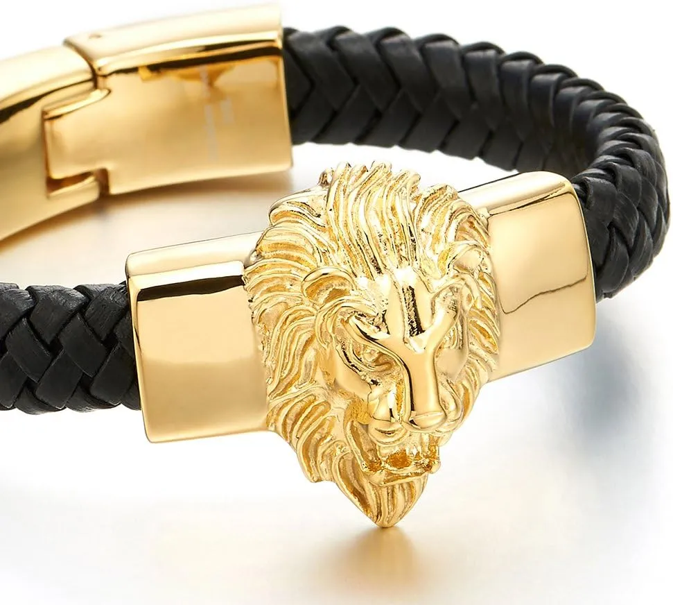 COOLSTEELANDBEYOND Mens Large Braided Leather Bracelet with Steel Lion and Genuine Leather Straps