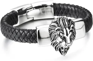 COOLSTEELANDBEYOND Mens Large Braided Leather Bracelet with Steel Lion and Genuine Leather Straps