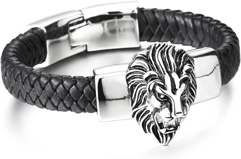 COOLSTEELANDBEYOND Mens Large Braided Leather Bracelet with Steel Lion and Genuine Leather Straps