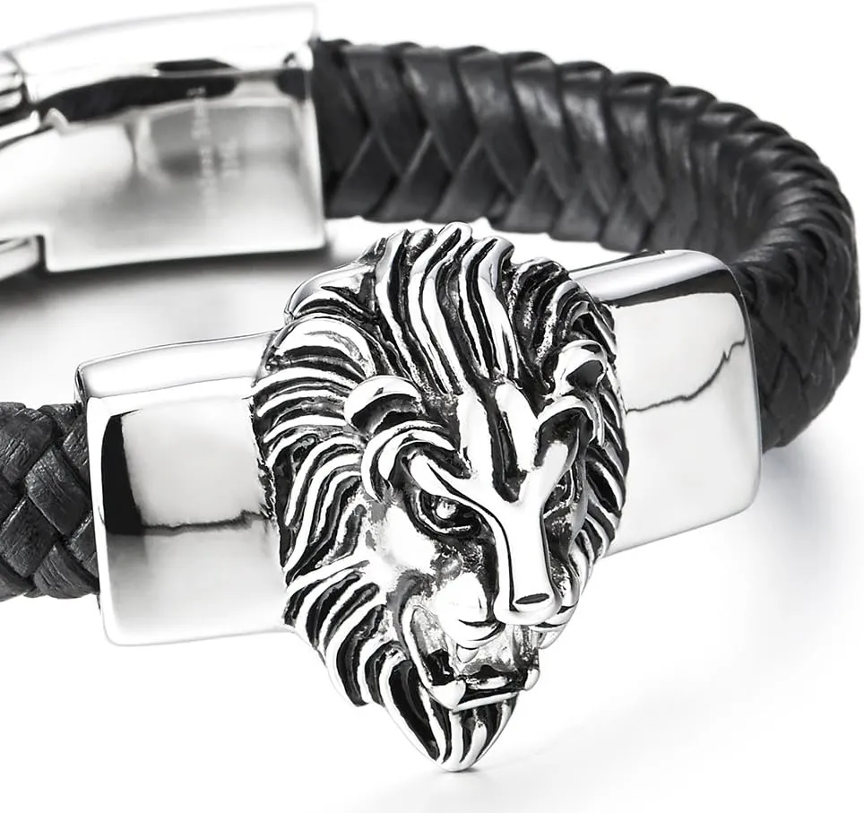 COOLSTEELANDBEYOND Mens Large Braided Leather Bracelet with Steel Lion and Genuine Leather Straps