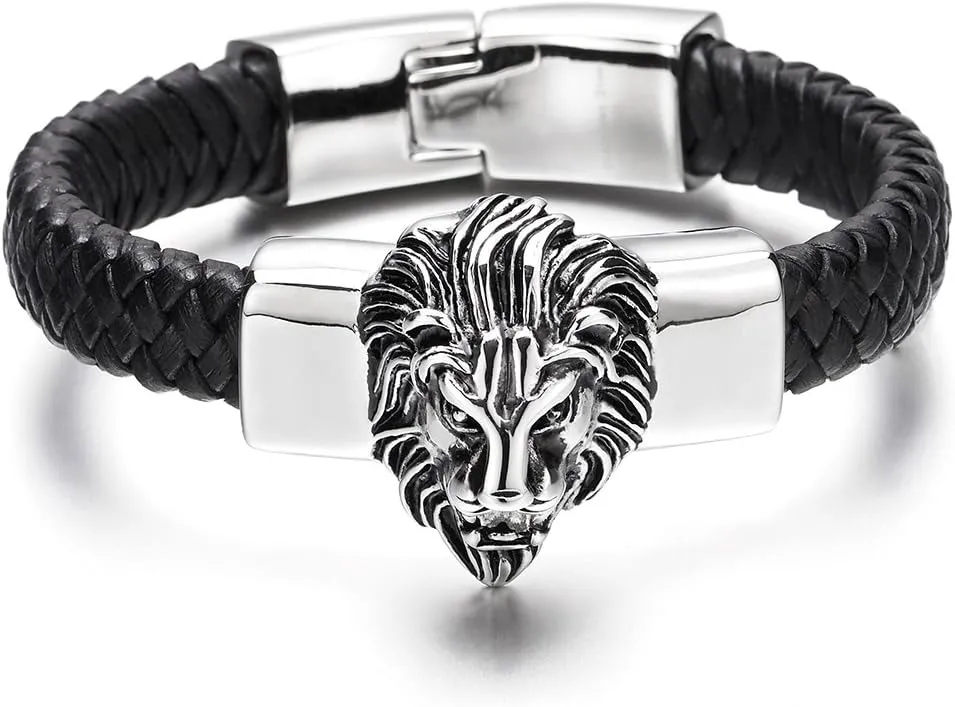 COOLSTEELANDBEYOND Mens Large Braided Leather Bracelet with Steel Lion and Genuine Leather Straps