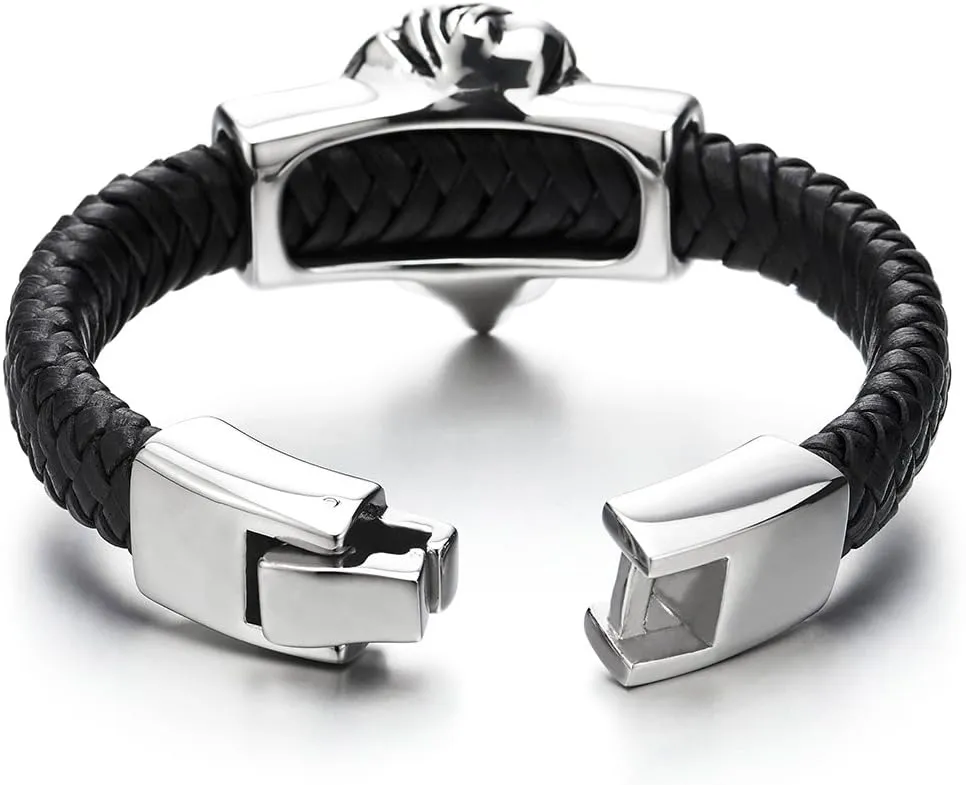 COOLSTEELANDBEYOND Mens Large Braided Leather Bracelet with Steel Lion and Genuine Leather Straps