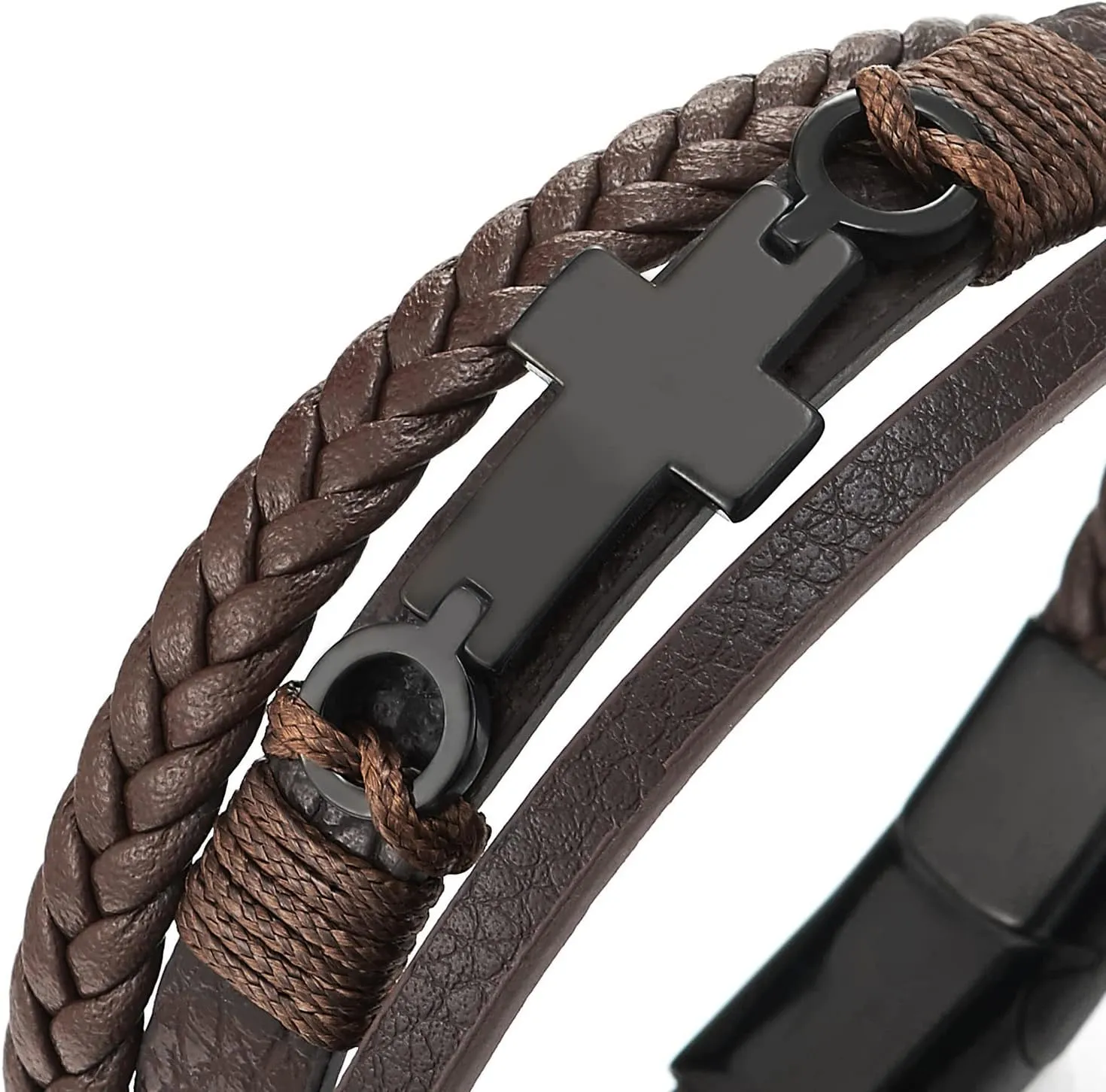 COOLSTEELANDBEYOND Mens Women Steel Horizontal Sideway Lateral Flat Cross Multi-Strand Leather Bangle Bracelet
