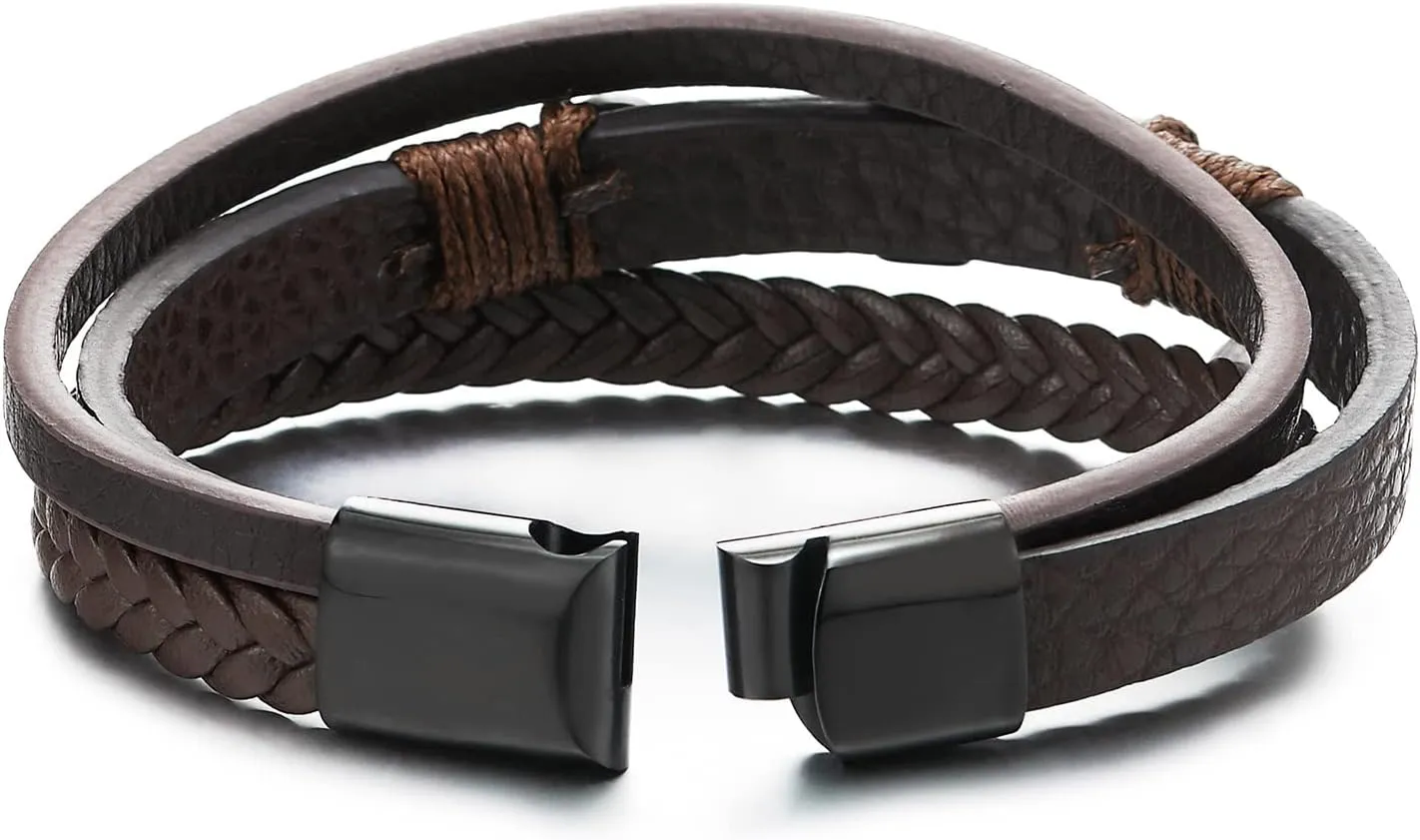COOLSTEELANDBEYOND Mens Women Steel Horizontal Sideway Lateral Flat Cross Multi-Strand Leather Bangle Bracelet