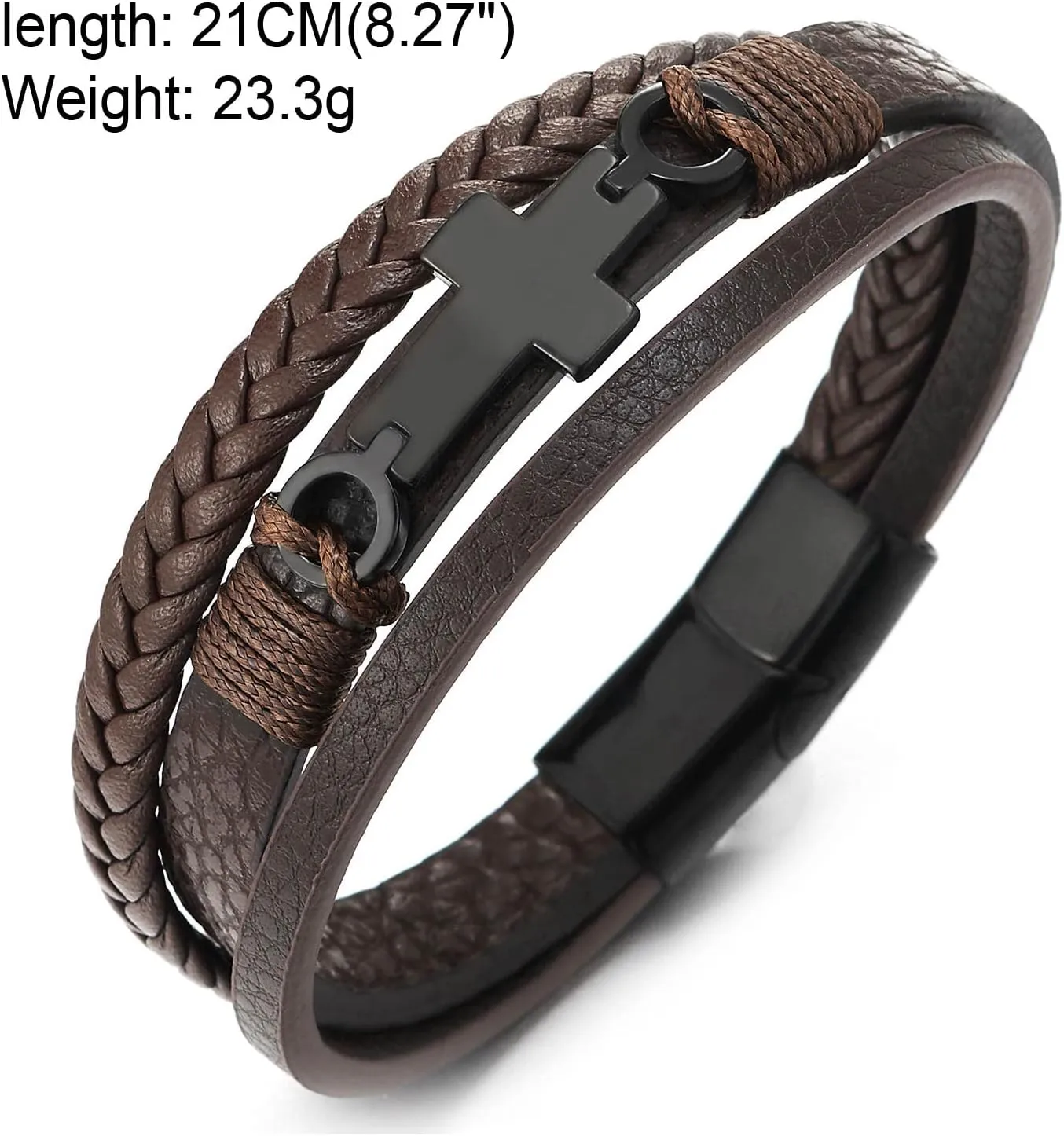 COOLSTEELANDBEYOND Mens Women Steel Horizontal Sideway Lateral Flat Cross Multi-Strand Leather Bangle Bracelet