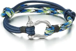 COOLSTEELANDBEYOND Mens Women Steel Screw Anchor Shackles Nautical Sailor Rope Cord Leather Wrap Bracelet Wristband