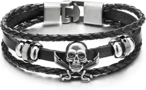 COOLSTEELANDBEYOND Mens Women Sword Pirate Skull Braided Leather Bracelet Multi-Strand Leather Wristband Bracelet