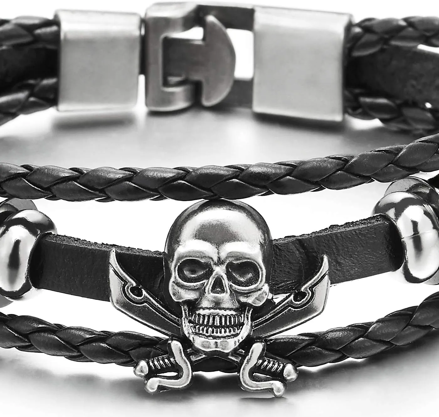 COOLSTEELANDBEYOND Mens Women Sword Pirate Skull Braided Leather Bracelet Multi-Strand Leather Wristband Bracelet