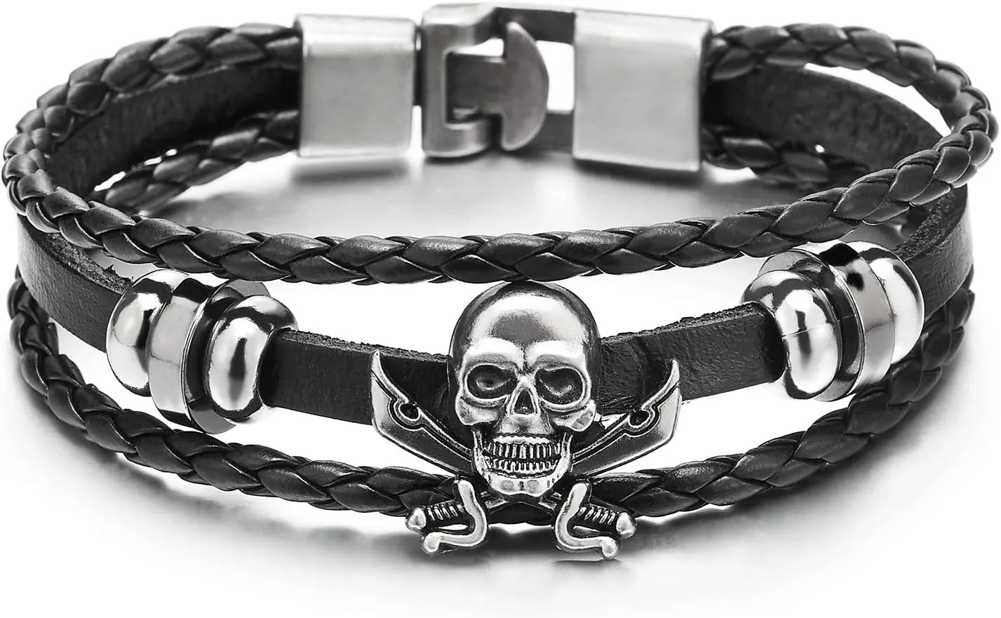 COOLSTEELANDBEYOND Mens Women Sword Pirate Skull Braided Leather Bracelet Multi-Strand Leather Wristband Bracelet