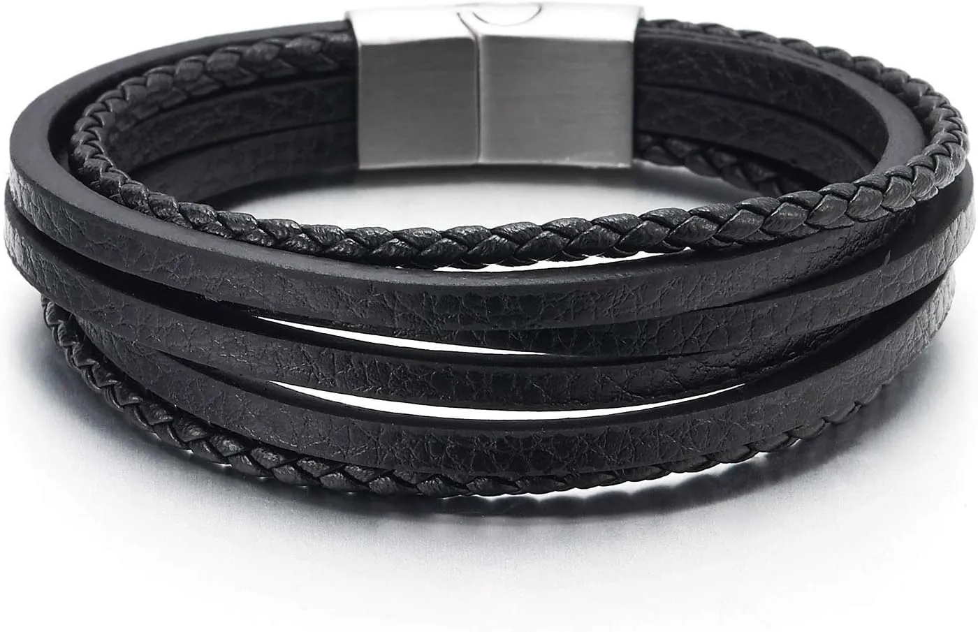 COOLSTEELANDBEYOND Mens Womens Multi-Strand Braided Leather Bracelet Wristband with Steel Magnetic Clasp