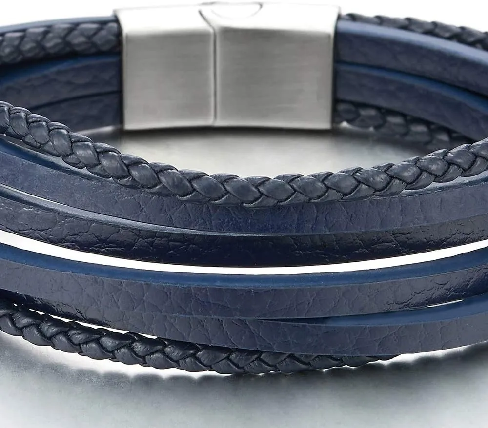 COOLSTEELANDBEYOND Mens Womens Multi-Strand Braided Leather Bracelet Wristband with Steel Magnetic Clasp