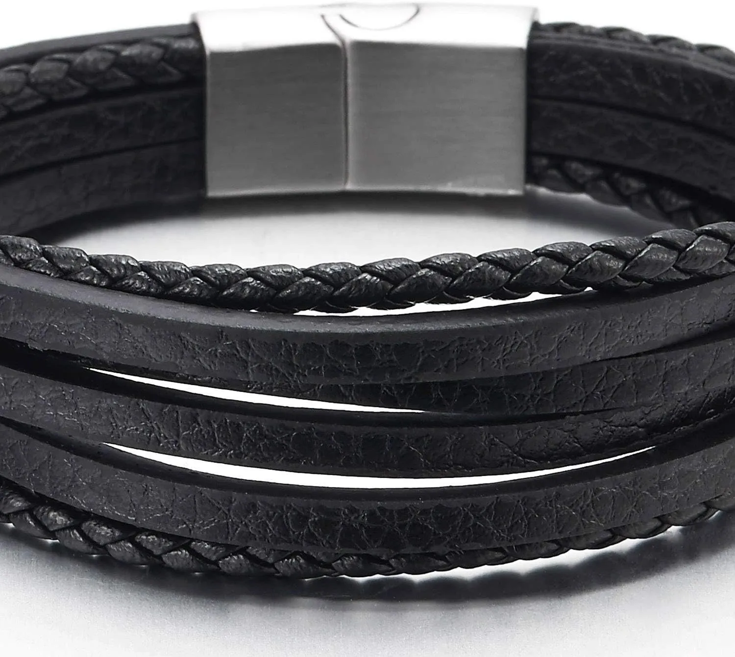 COOLSTEELANDBEYOND Mens Womens Multi-Strand Braided Leather Bracelet Wristband with Steel Magnetic Clasp