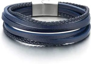 COOLSTEELANDBEYOND Mens Womens Multi-Strand Braided Leather Bracelet Wristband with Steel Magnetic Clasp