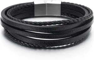 COOLSTEELANDBEYOND Mens Womens Multi-Strand Braided Leather Bracelet Wristband with Steel Magnetic Clasp