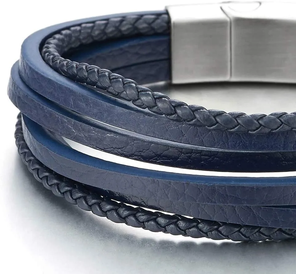 COOLSTEELANDBEYOND Mens Womens Multi-Strand Braided Leather Bracelet Wristband with Steel Magnetic Clasp