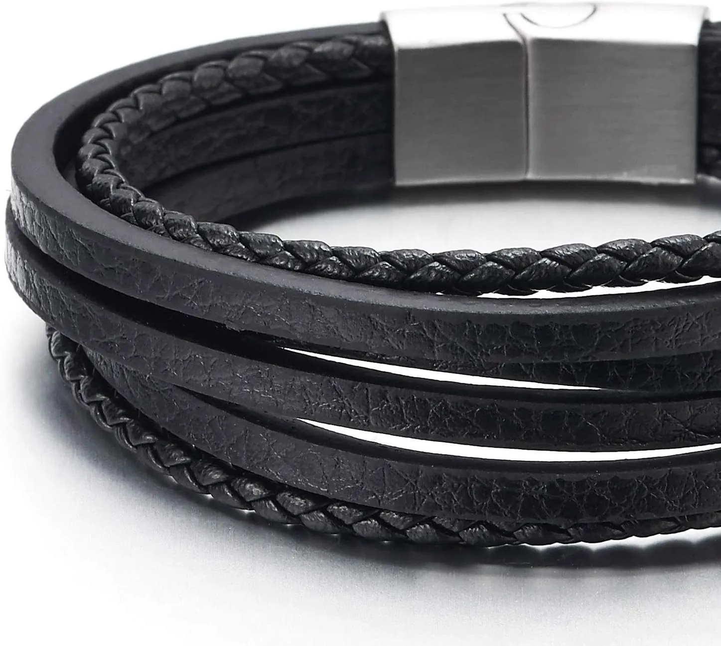 COOLSTEELANDBEYOND Mens Womens Multi-Strand Braided Leather Bracelet Wristband with Steel Magnetic Clasp