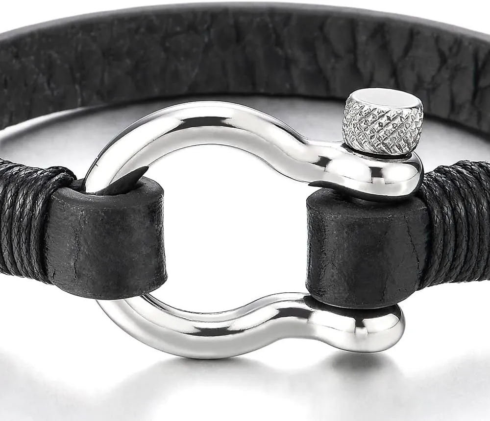 COOLSTEELANDBEYOND Mens Womens Steel Screw Anchor Shackles Wrap Bracelet with Leather, Nautical Sailor Wristband