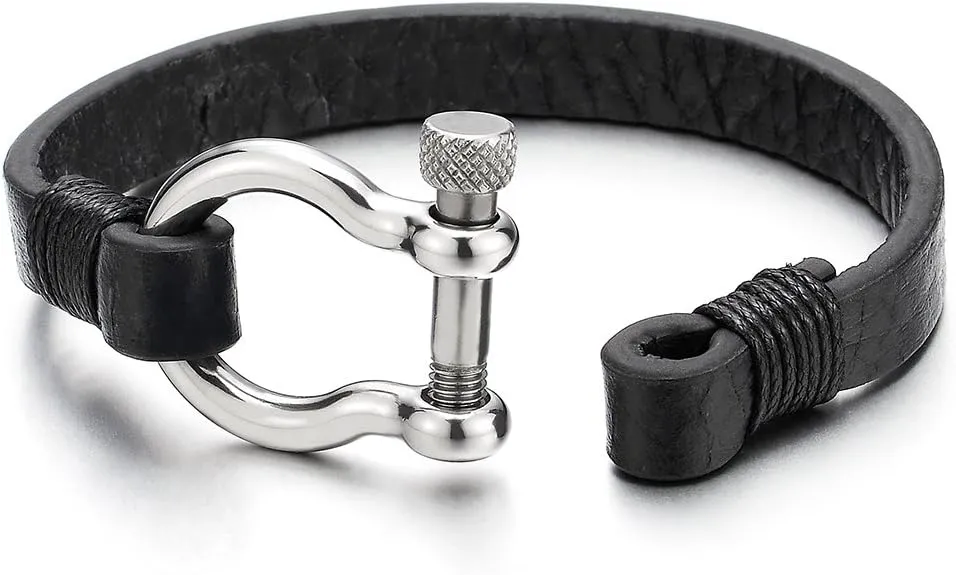 COOLSTEELANDBEYOND Mens Womens Steel Screw Anchor Shackles Wrap Bracelet with Leather, Nautical Sailor Wristband