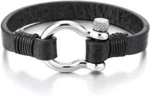 COOLSTEELANDBEYOND Mens Womens Steel Screw Anchor Shackles Wrap Bracelet with Leather, Nautical Sailor Wristband