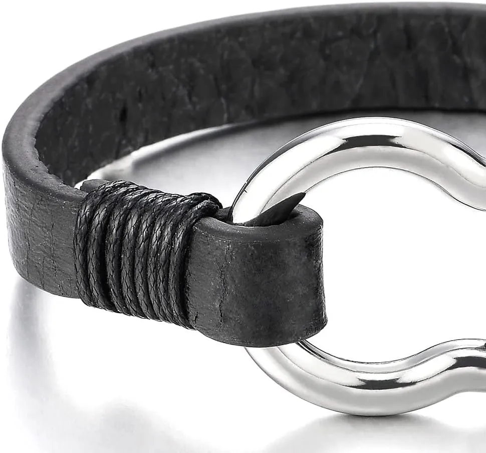 COOLSTEELANDBEYOND Mens Womens Steel Screw Anchor Shackles Wrap Bracelet with Leather, Nautical Sailor Wristband