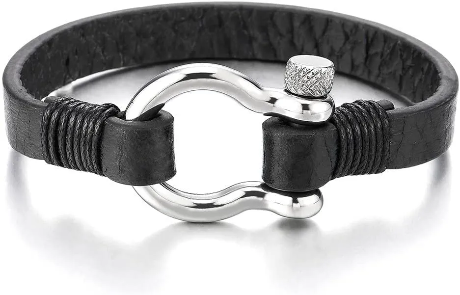 COOLSTEELANDBEYOND Mens Womens Steel Screw Anchor Shackles Wrap Bracelet with Leather, Nautical Sailor Wristband
