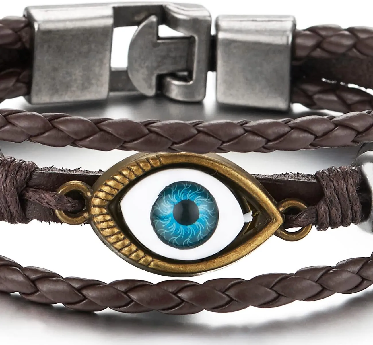 COOLSTEELANDBEYOND Mens Womens Three-Row Leather Evil Eye Beads Charms Bracelet Wristband Wrap Bracelet