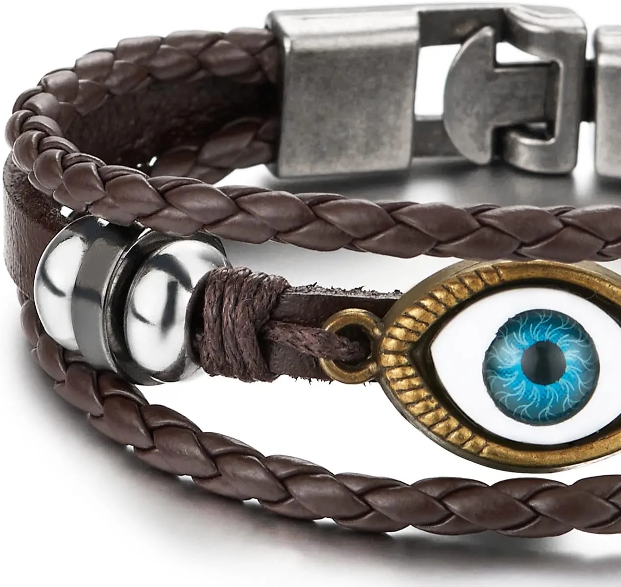 COOLSTEELANDBEYOND Mens Womens Three-Row Leather Evil Eye Beads Charms Bracelet Wristband Wrap Bracelet
