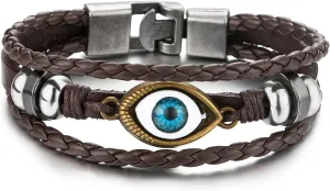 COOLSTEELANDBEYOND Mens Womens Three-Row Leather Evil Eye Beads Charms Bracelet Wristband Wrap Bracelet