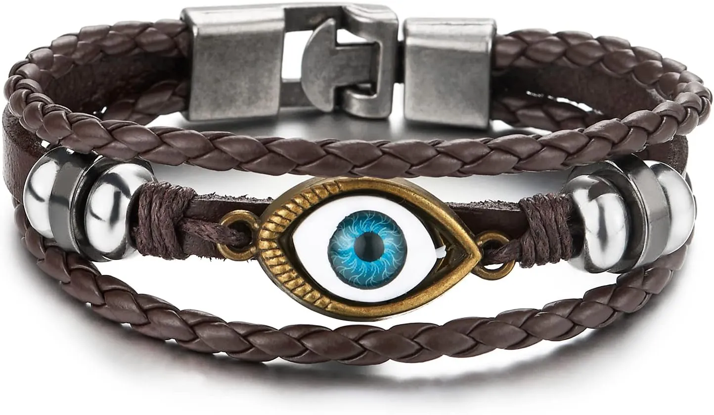 COOLSTEELANDBEYOND Mens Womens Three-Row Leather Evil Eye Beads Charms Bracelet Wristband Wrap Bracelet