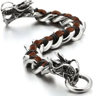 COOLSTEELANDBEYOND Stainless Steel Mens Dragon Curb Chain Bracelet Interwoven with Genuine Leather Strap