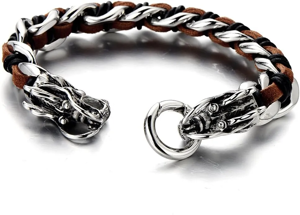 COOLSTEELANDBEYOND Stainless Steel Mens Dragon Curb Chain Bracelet Interwoven with Genuine Leather Strap