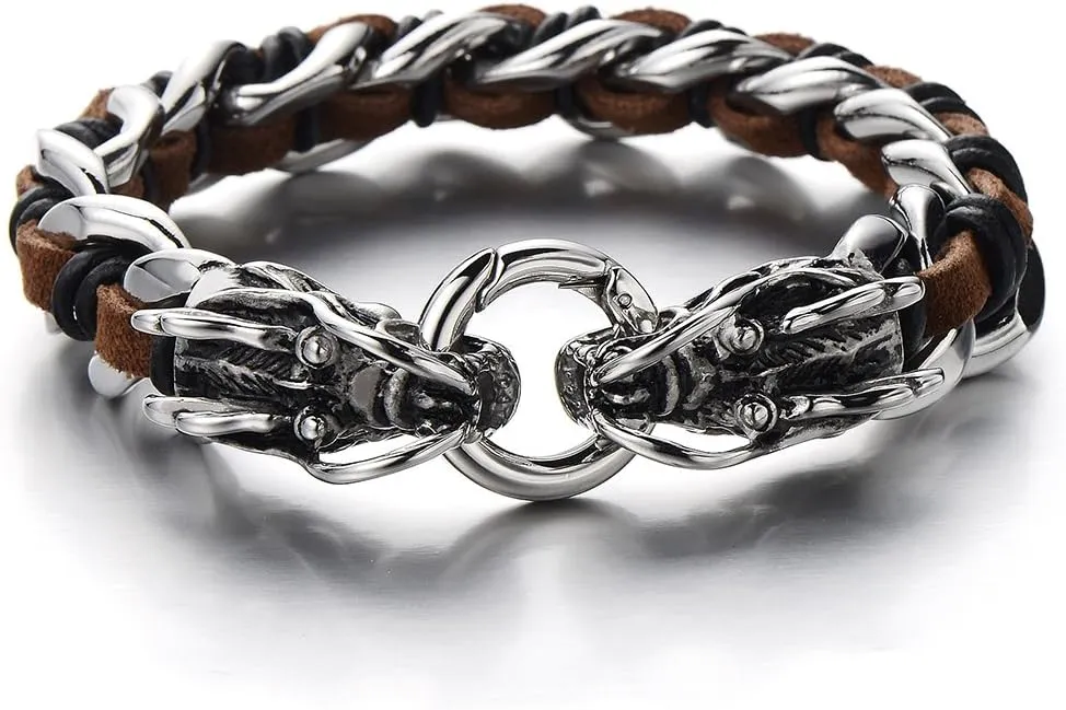 COOLSTEELANDBEYOND Stainless Steel Mens Dragon Curb Chain Bracelet Interwoven with Genuine Leather Strap
