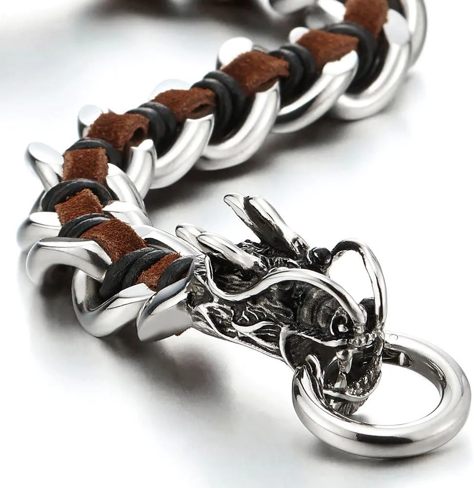 COOLSTEELANDBEYOND Stainless Steel Mens Dragon Curb Chain Bracelet Interwoven with Genuine Leather Strap
