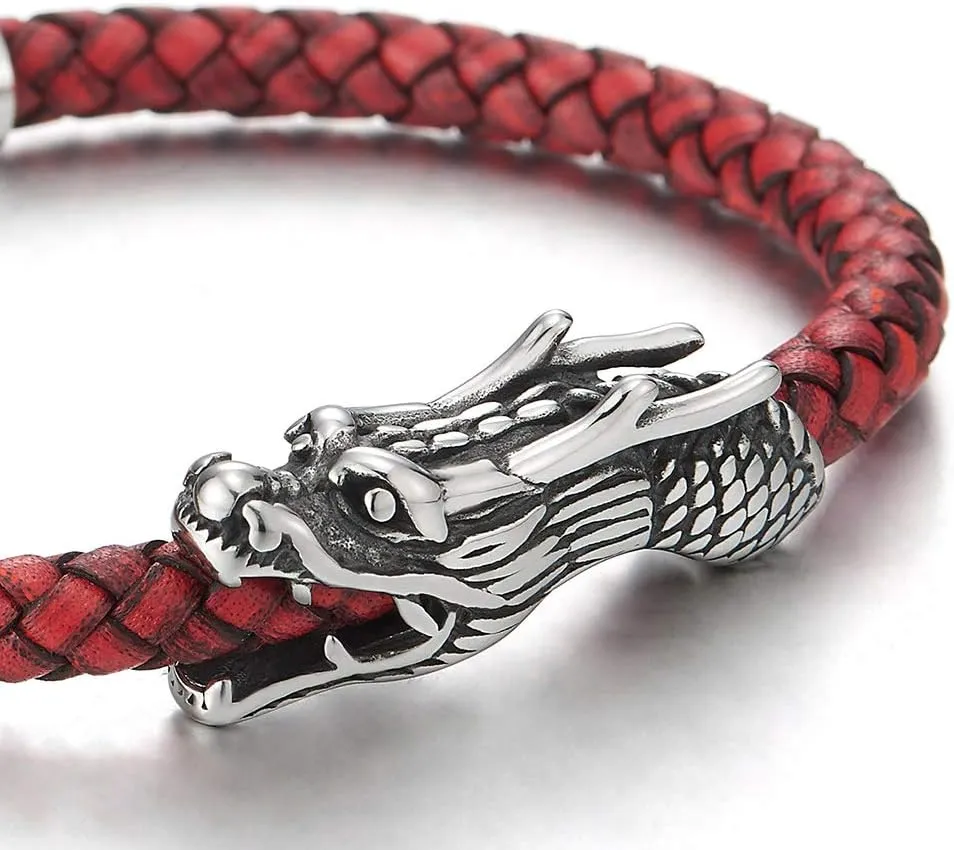 COOLSTEELANDBEYOND Vintage Stainless Steel Dragon Head Braided Leather Bangle Bracelet Wristband, Mens