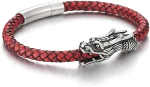 COOLSTEELANDBEYOND Vintage Stainless Steel Dragon Head Braided Leather Bangle Bracelet Wristband, Mens