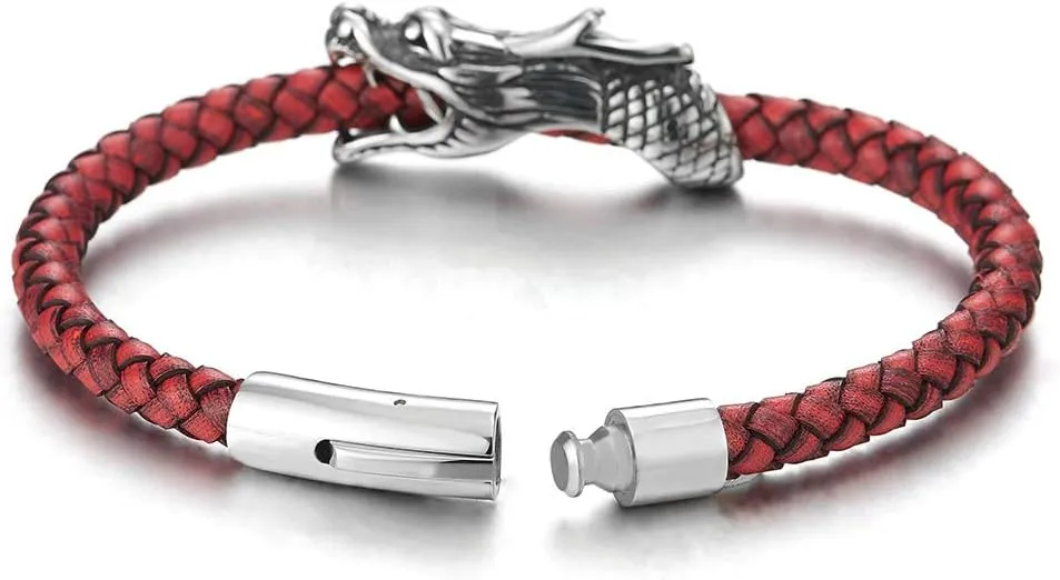 COOLSTEELANDBEYOND Vintage Stainless Steel Dragon Head Braided Leather Bangle Bracelet Wristband, Mens