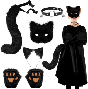 Cosplay Costume Headdress, Halloween Wolf Fox Cat Faux Fur Mask Furry Ear Hair Clip Leather Choker Animal Tail